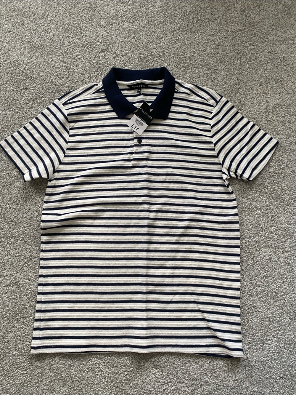 Men's Navy and White Striped Polo Shirt